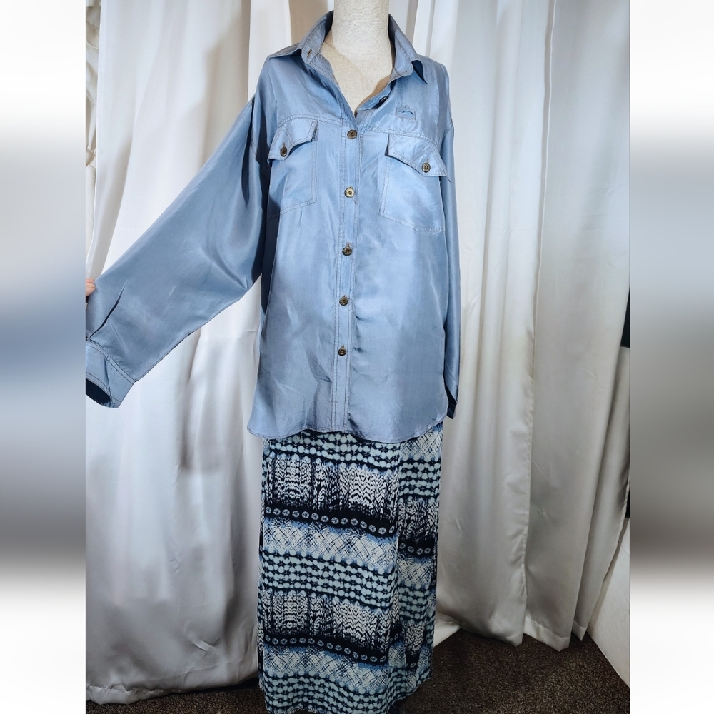2 Pc:Tommy Bahama Silk Blouse Blue+ Maurices Skirt TAG, Tye, Tropical, XL